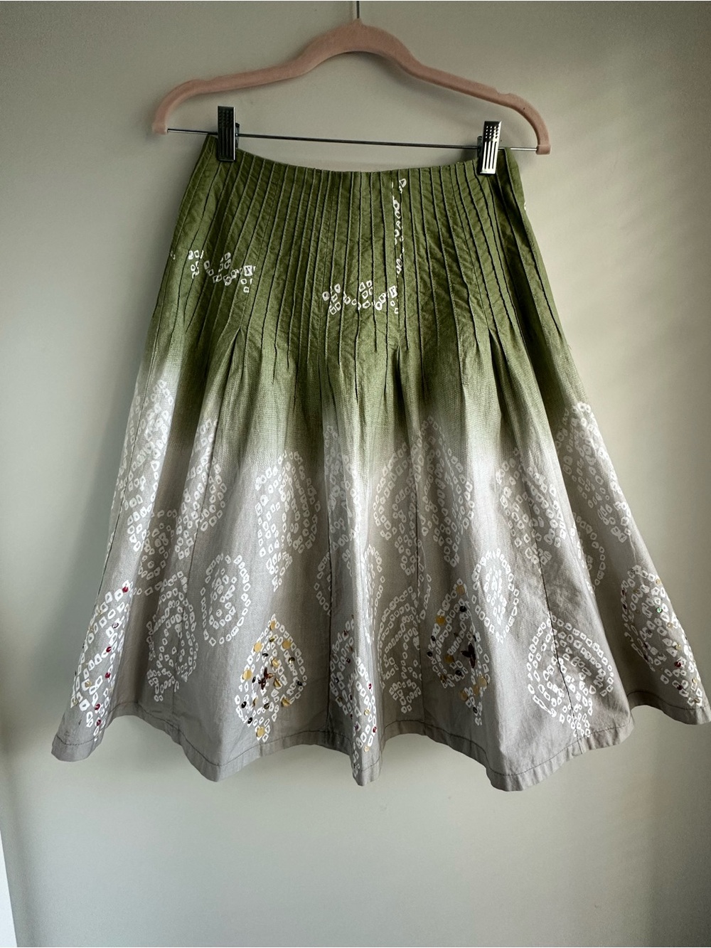 Vintage Bohemian Green to Gray Ombre Embroidered Cotton Midi Skirt S